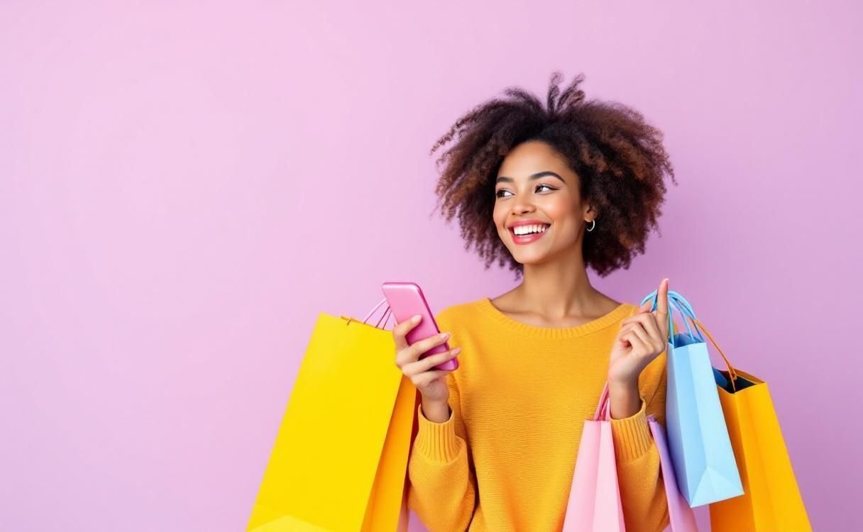 Happy woman holding shopping bags and phone against lavender and yellow background