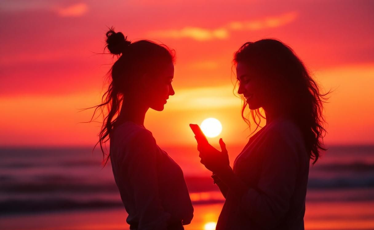 Woman silhouetted against vivid orange and pink sunrise holding phone on beach