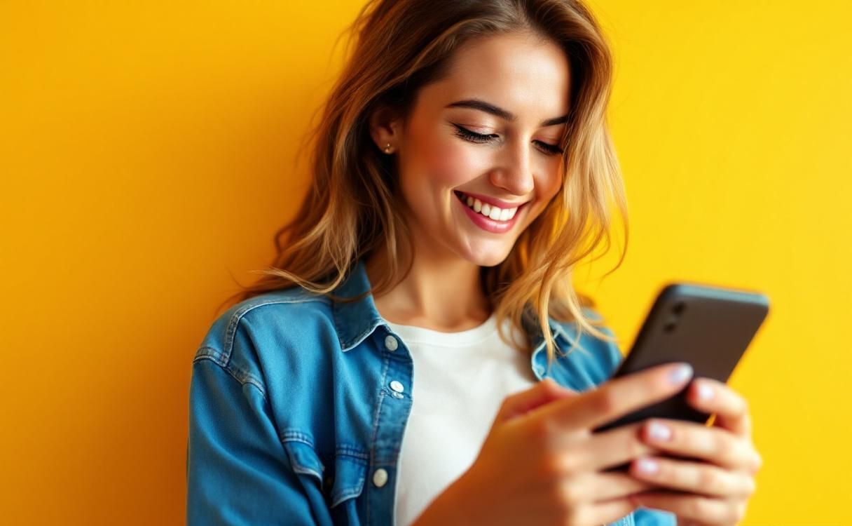 Young woman smiling while texting on smartphone against vivid yellow background