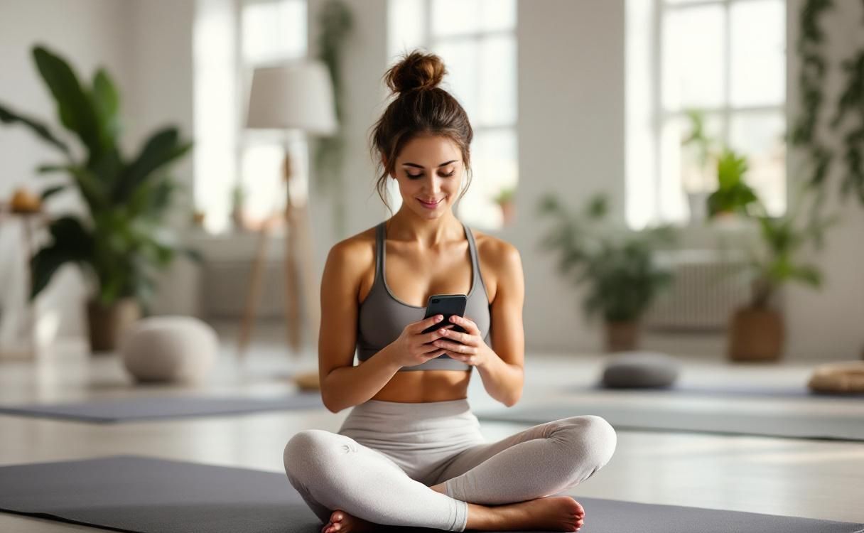 Woman in a yoga studio checking her phone