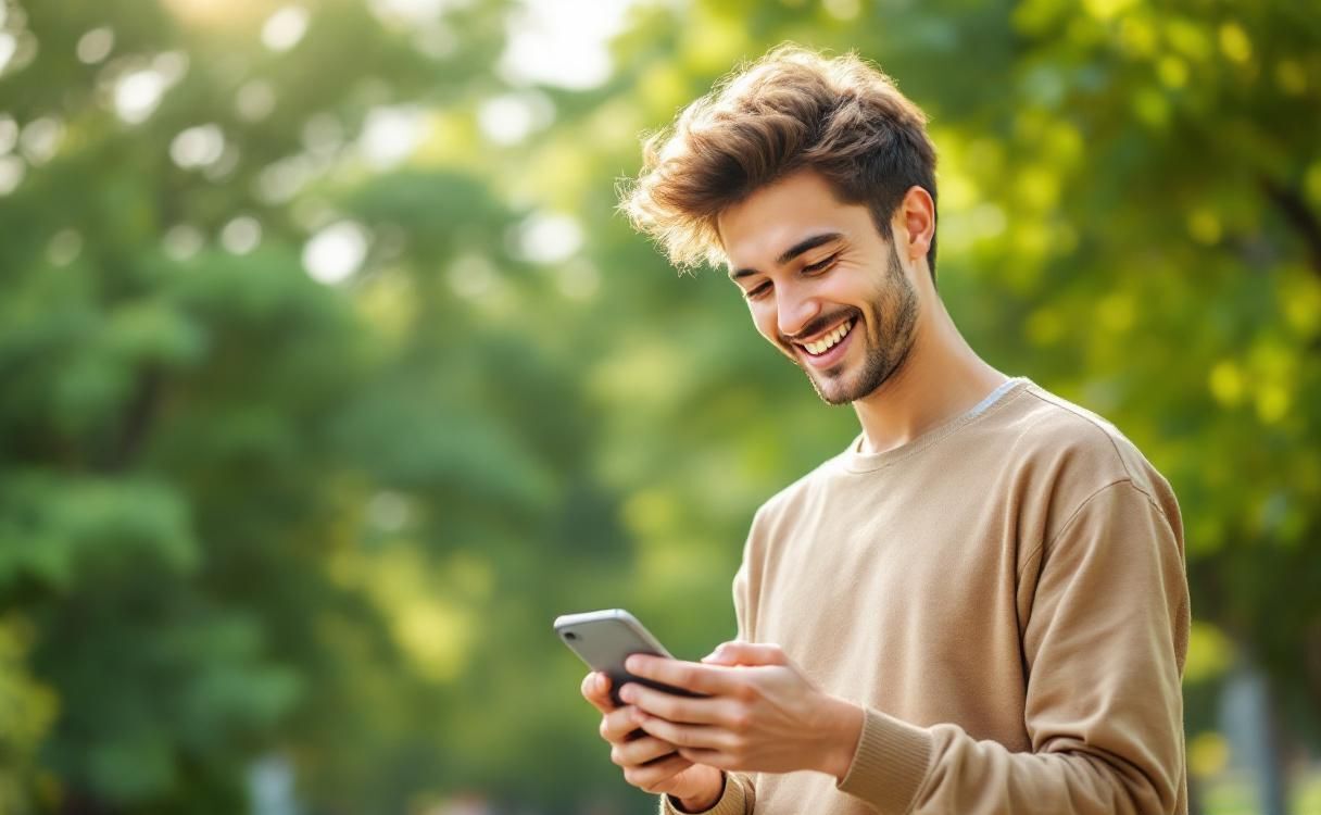 Young man in park checking phone with big smile in golden sunlight