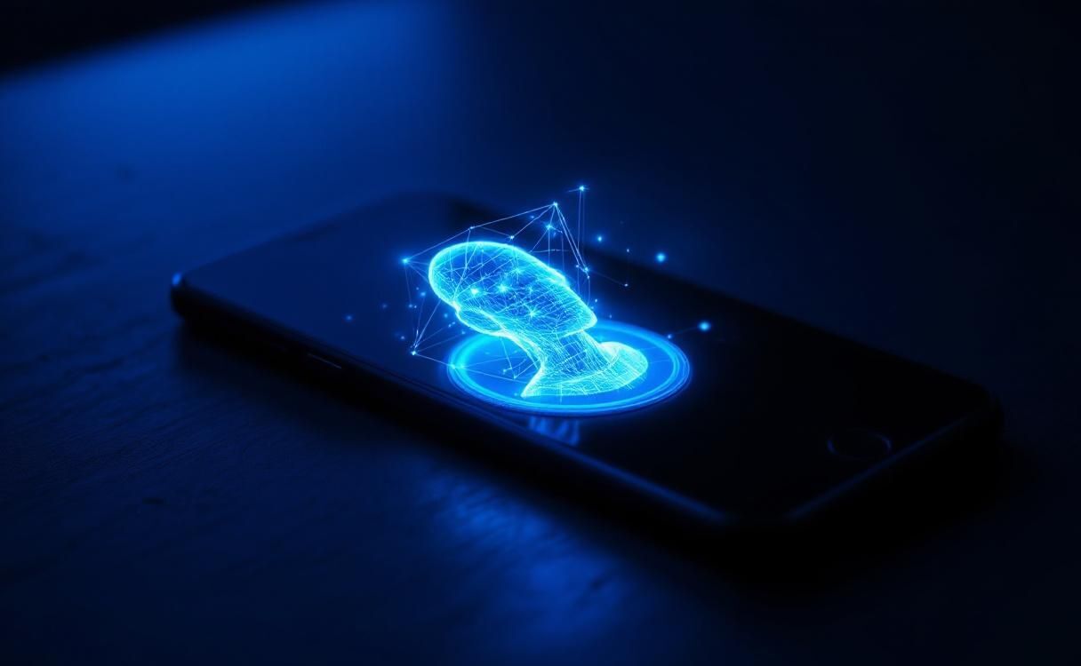 AI hologram emerging from a smartphone on a dark surface