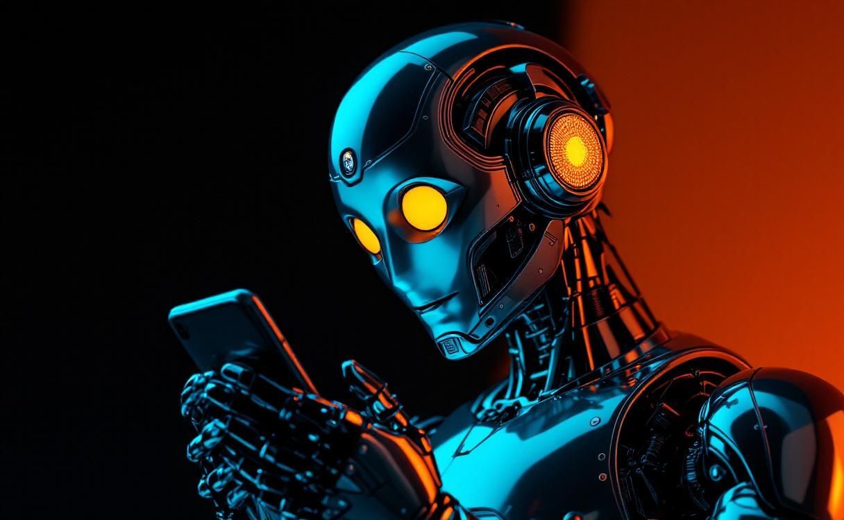 Art deco chrome robot cradling a smartphone with dramatic lighting