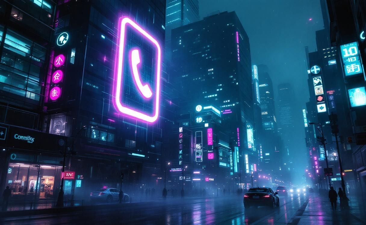 Cyberpunk cityscape with holographic phone icons between skyscrapers