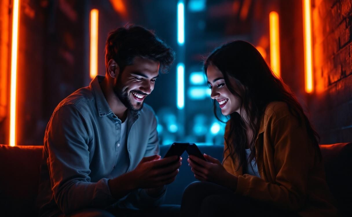 Couple in neon light both smiling at their phones
