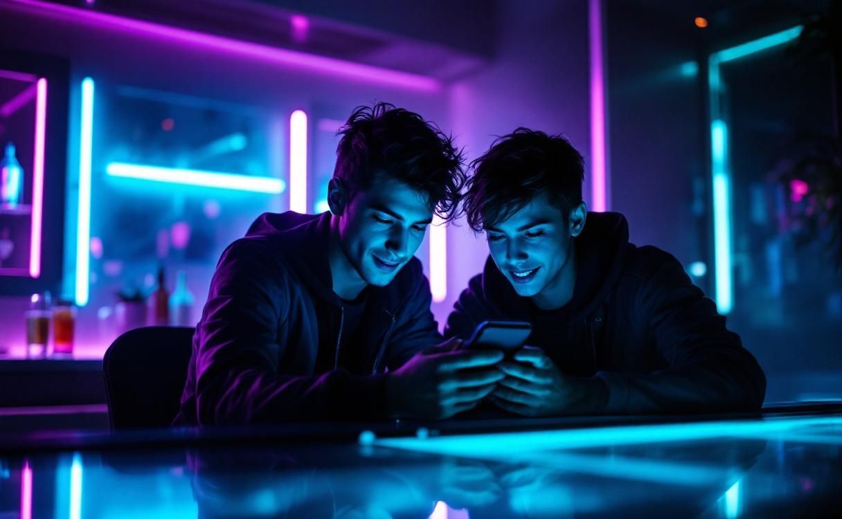 Couple at a dark futuristic cyber bar both on their phones