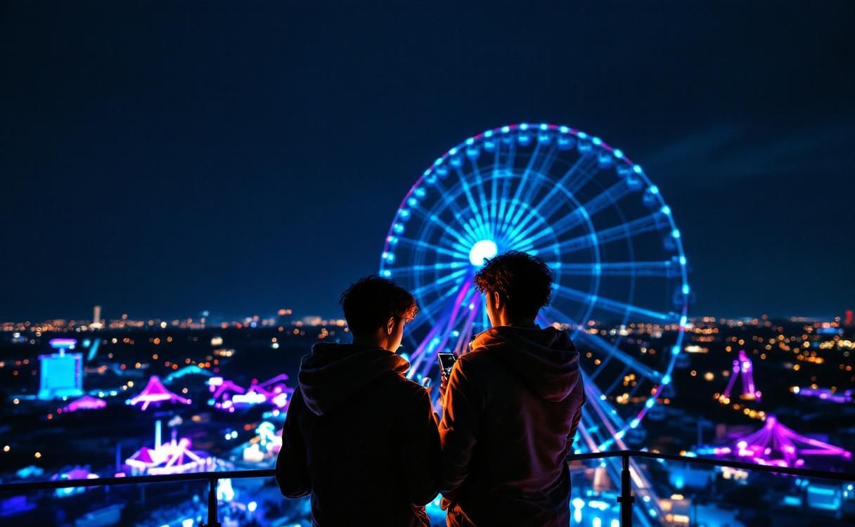 Couple at top of neon ferris wheel on their phones