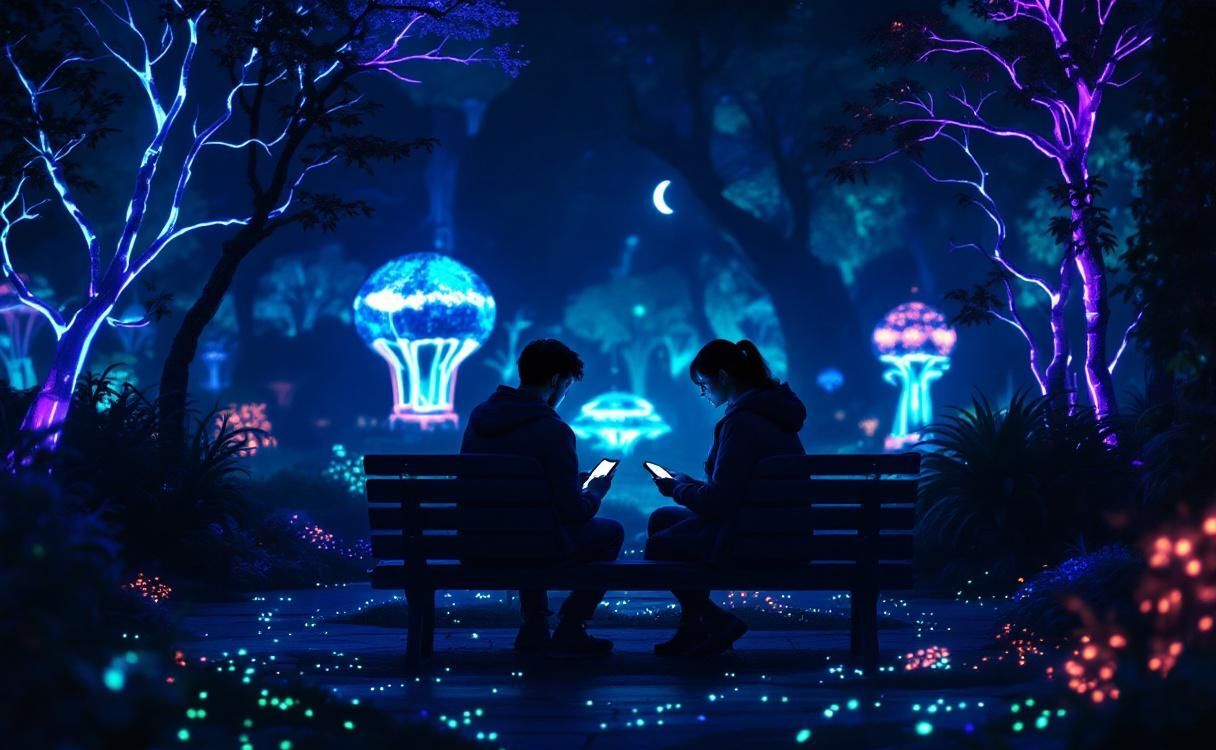 Couple in a futuristic park with bioluminescent plants on their phones