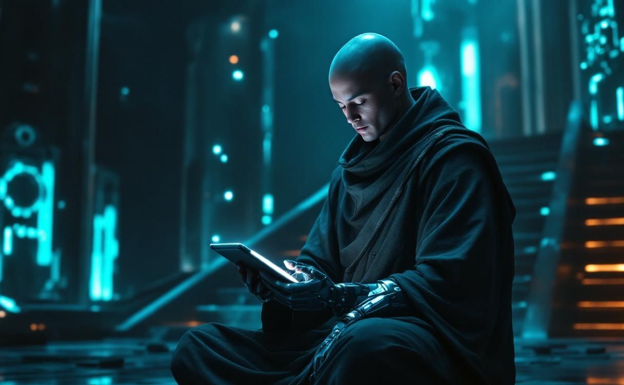 Tech monk with cybernetic arms holding a glowing tablet device