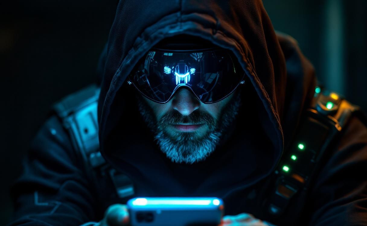 Hooded cyber-warrior with reflective visor looking at a glowing phone