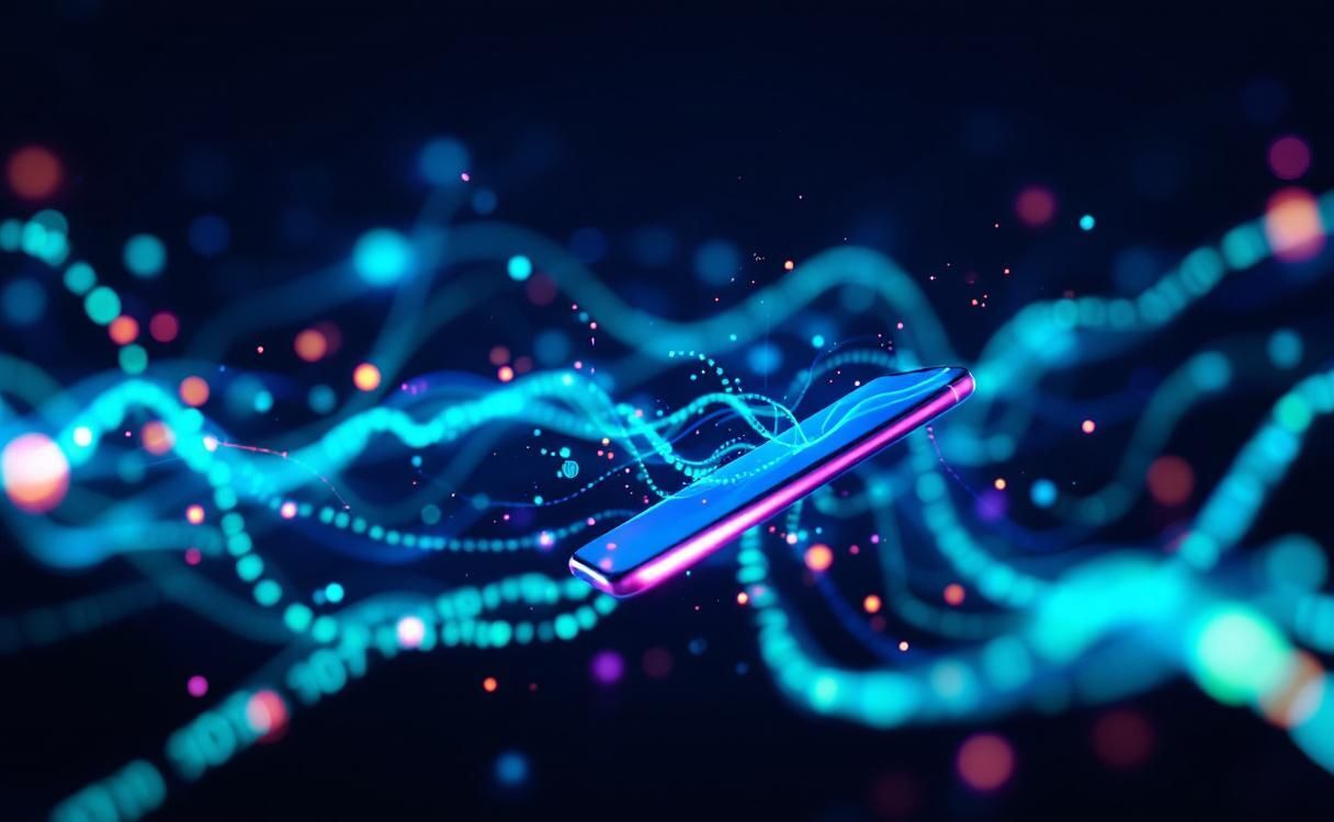 Streams of glowing data flowing into a floating smartphone