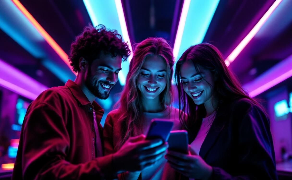 Friends in a dark neon entertainment venue looking at a phone together