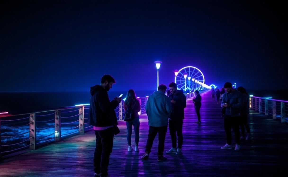 Friends on a neon-lit pier at night on their phones