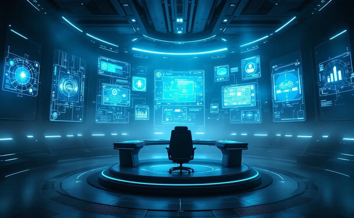 Futuristic room with floating holographic communication panels