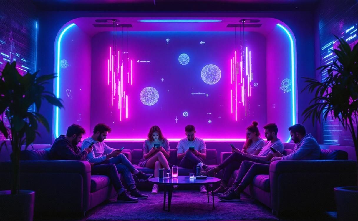 Friends in a futuristic cyber lounge all on their phones
