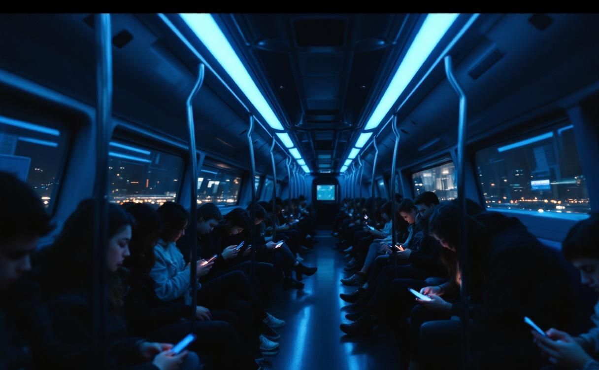 Group on futuristic transit all looking at their phones