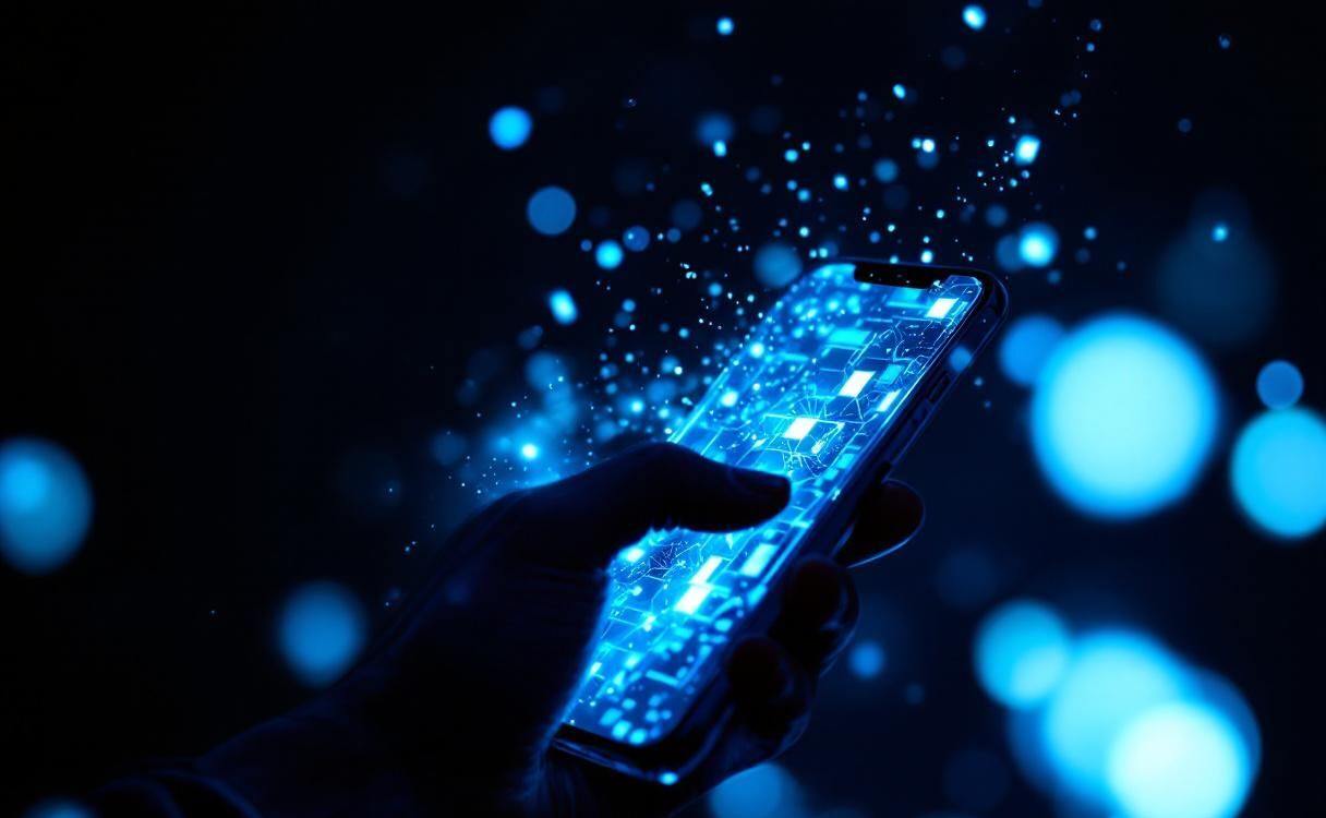 Hand holding a glowing smartphone with holographic light in dark environment