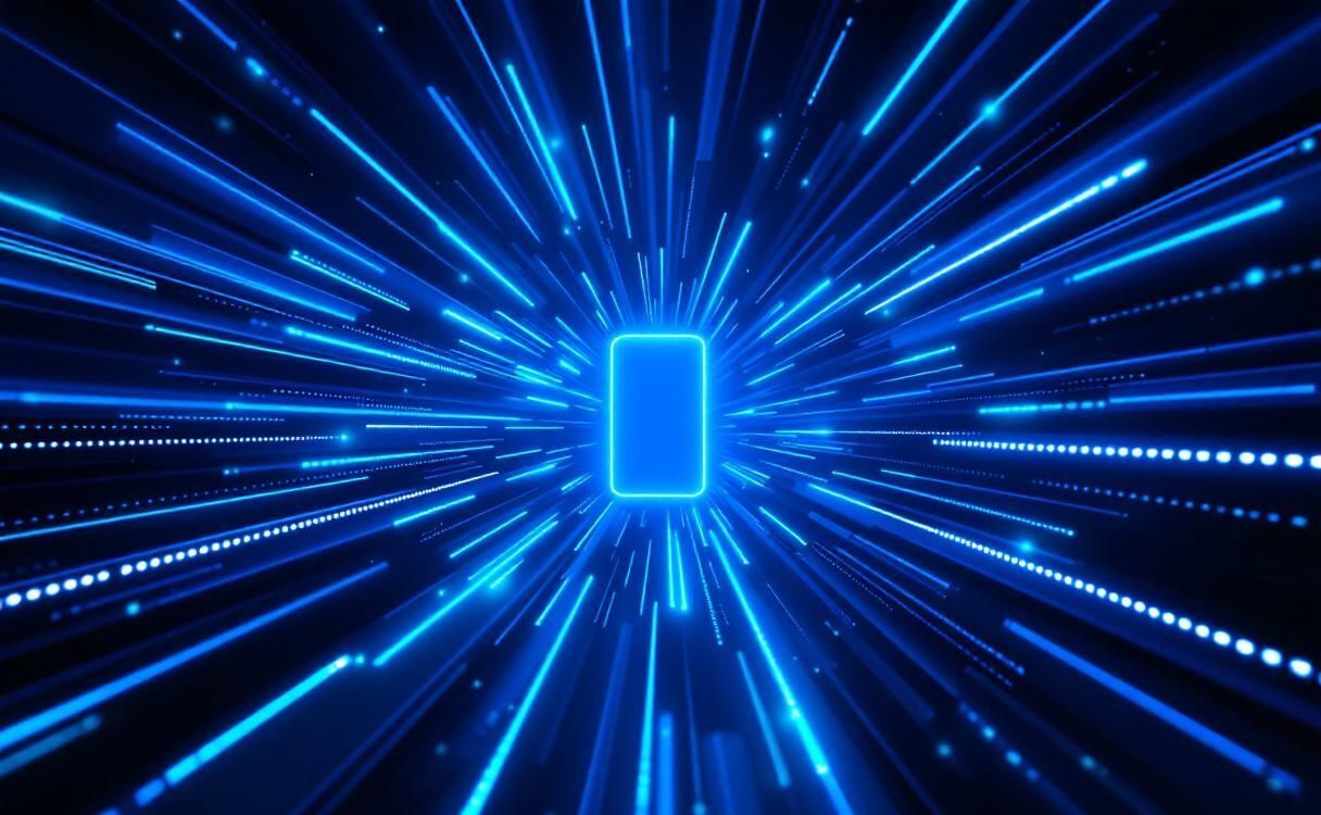 Light rays emanating from a central phone device shape in dark space