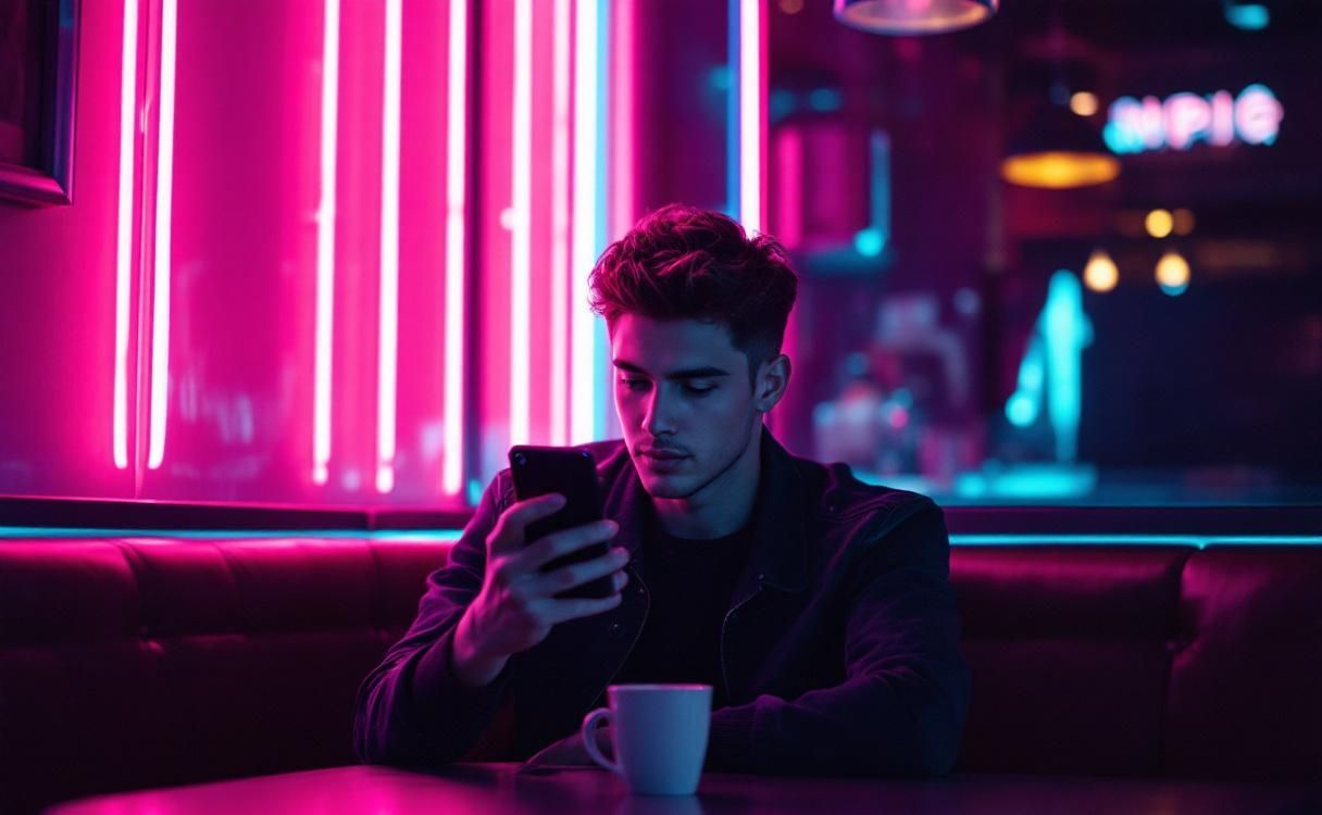 Man at a retro-futuristic diner scrolling his phone with neon lights
