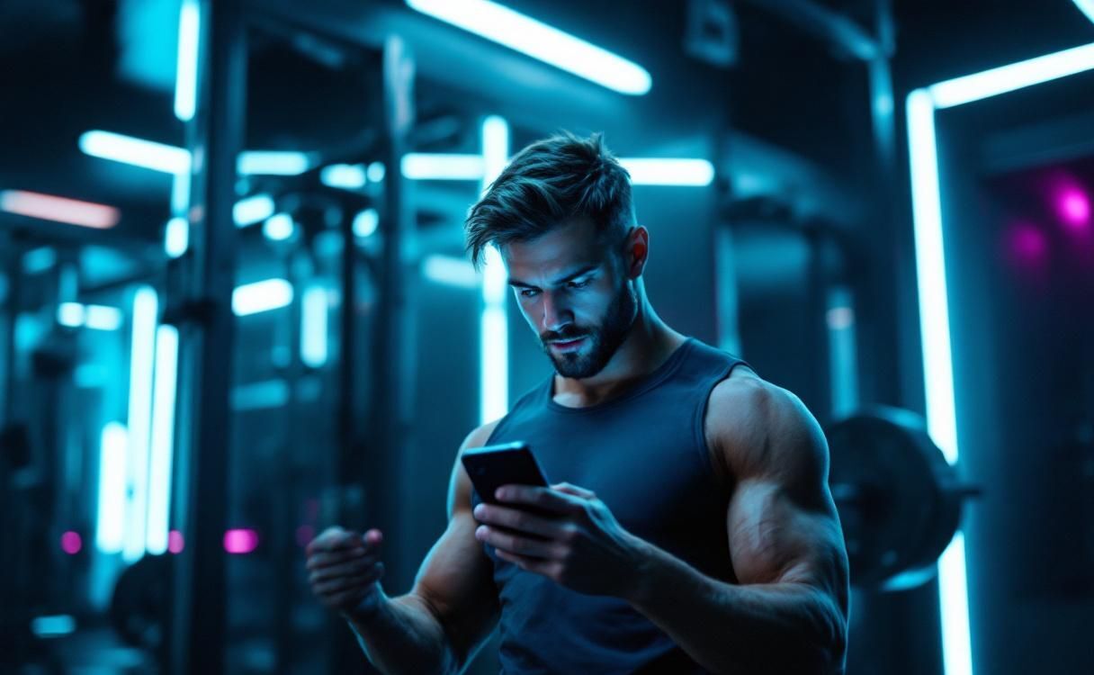 Man in a dark futuristic gym checking phone between sets