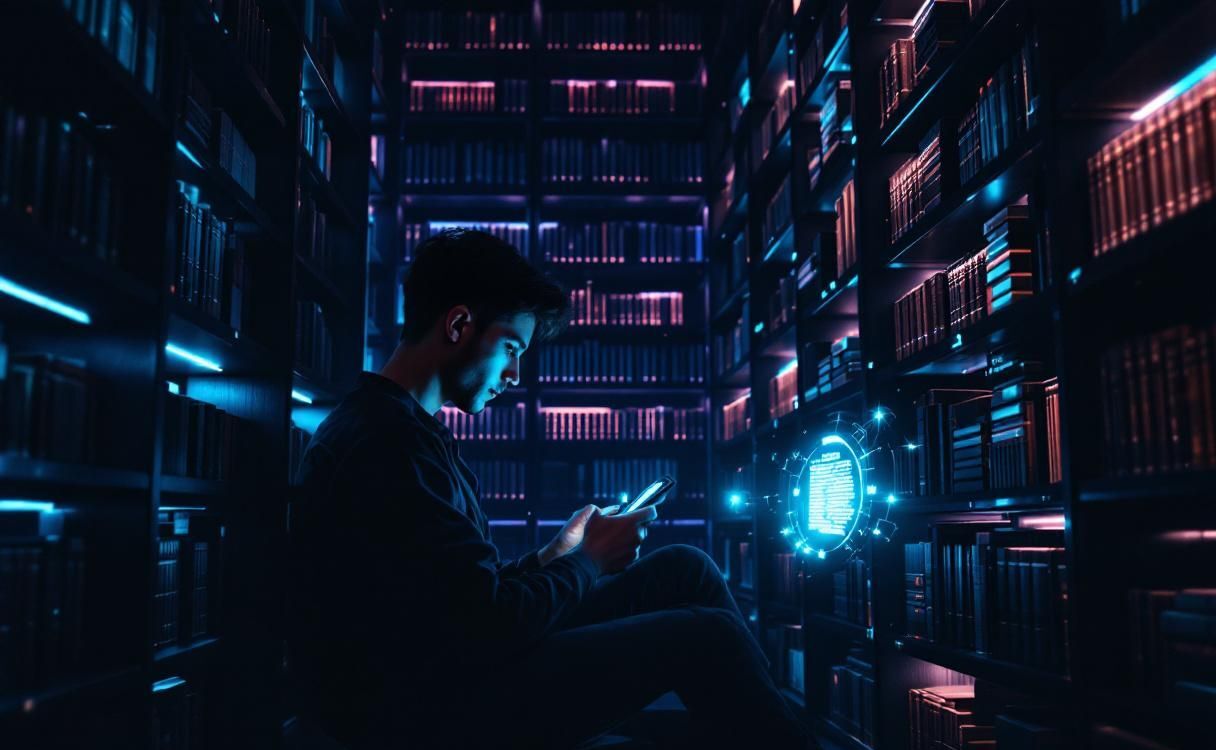 Man in a dark futuristic library reading on his phone