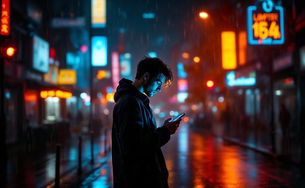 Man looking at his phone in neon-lit rain on a dark street