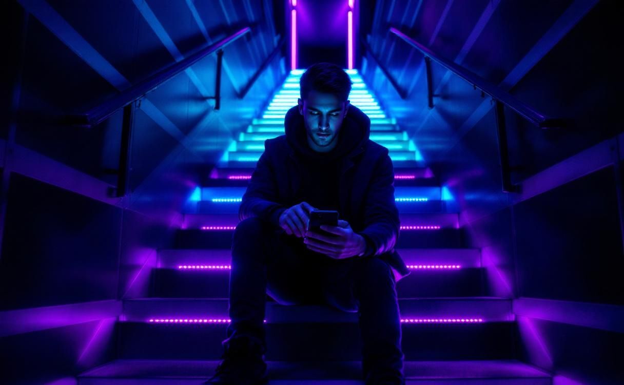 Man on a neon-lit staircase looking at his phone