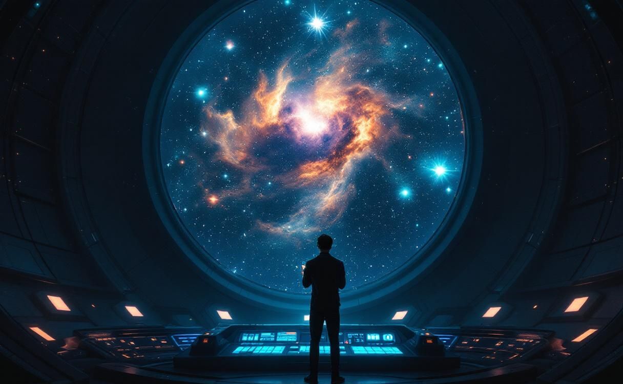Man in a futuristic observatory looking at his phone with stars behind