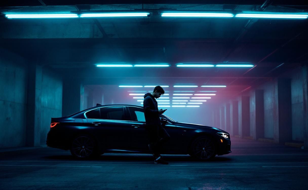 Man leaning on car in neon-lit parking garage on his phone