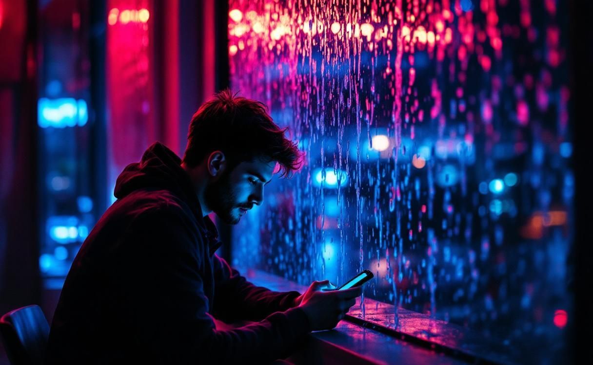 Man by rain-covered window at night looking at phone with neon refractions