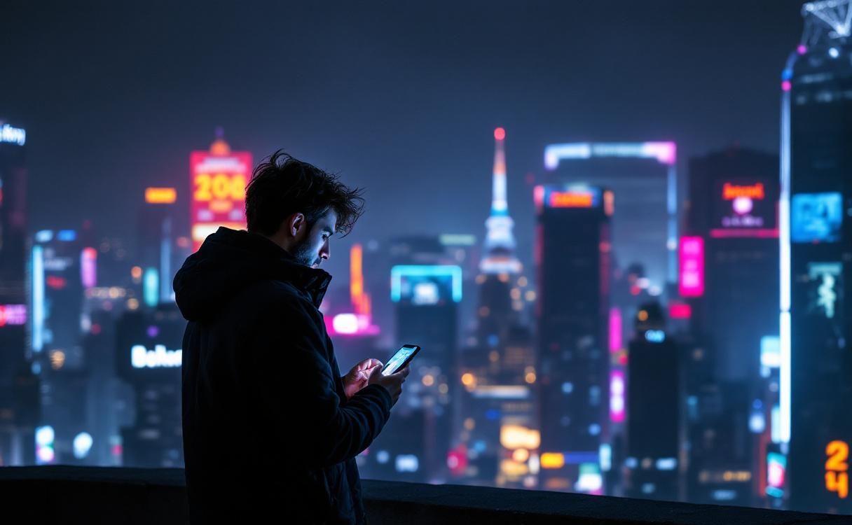 Man on a dark rooftop looking at his phone with cyberpunk cityscape behind