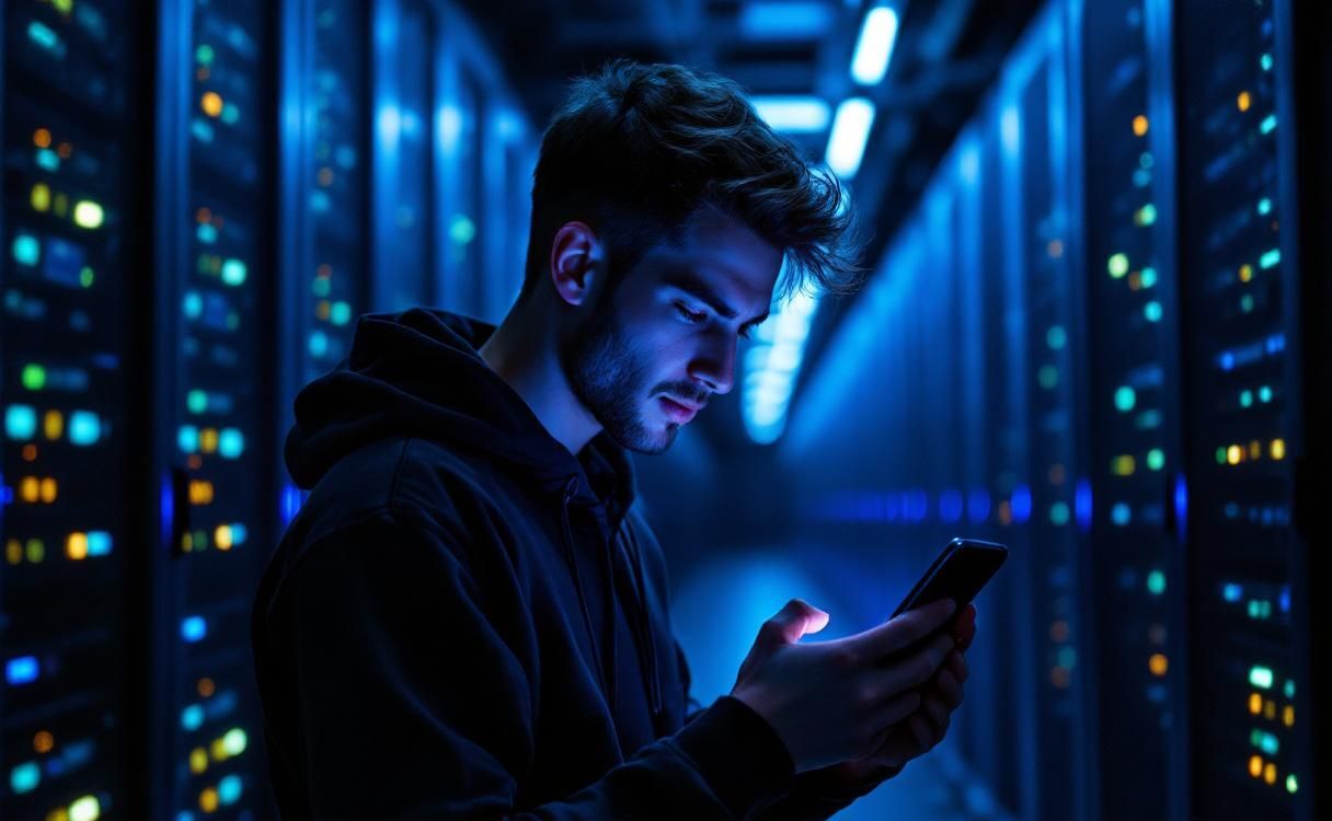 Man in a dark server room looking at his phone