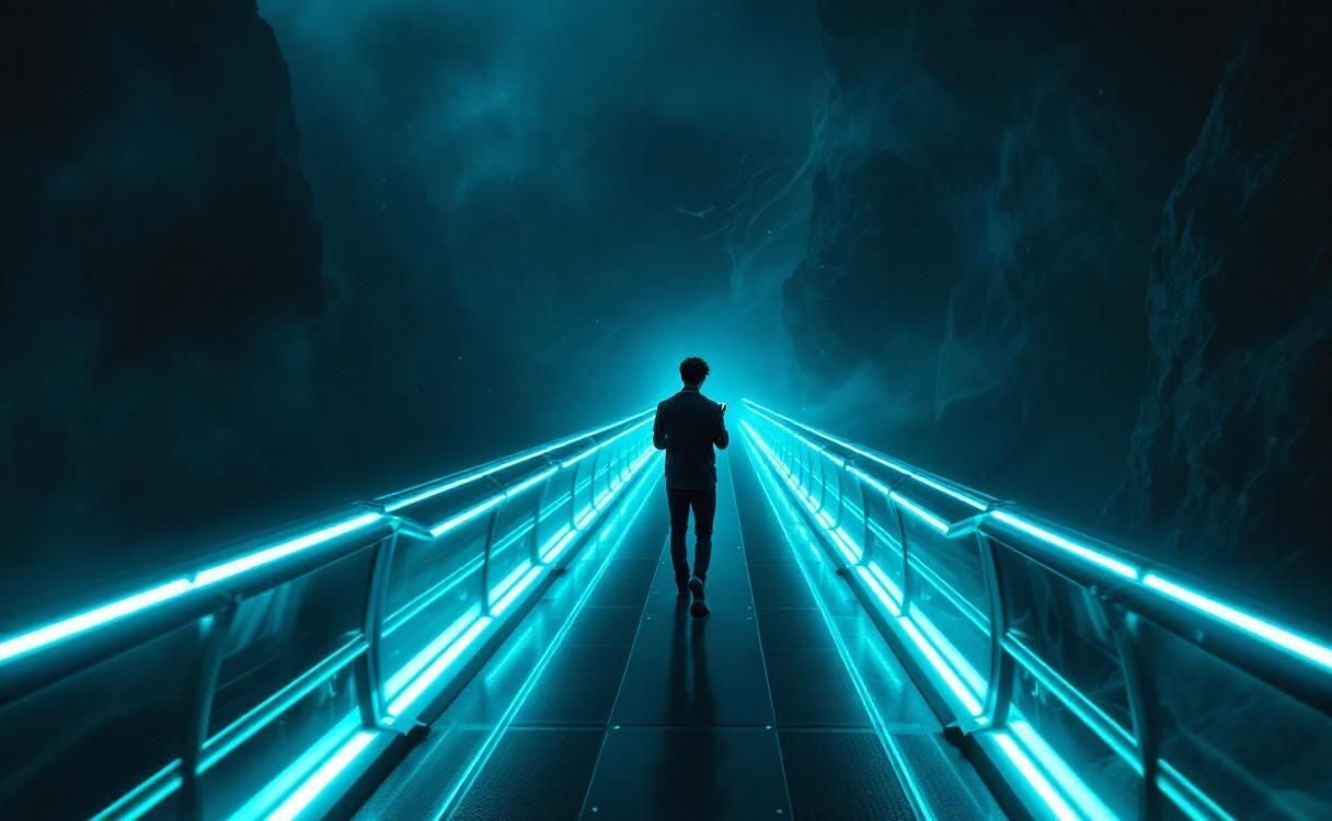 Man walking across a Tron-style glowing bridge looking at his phone
