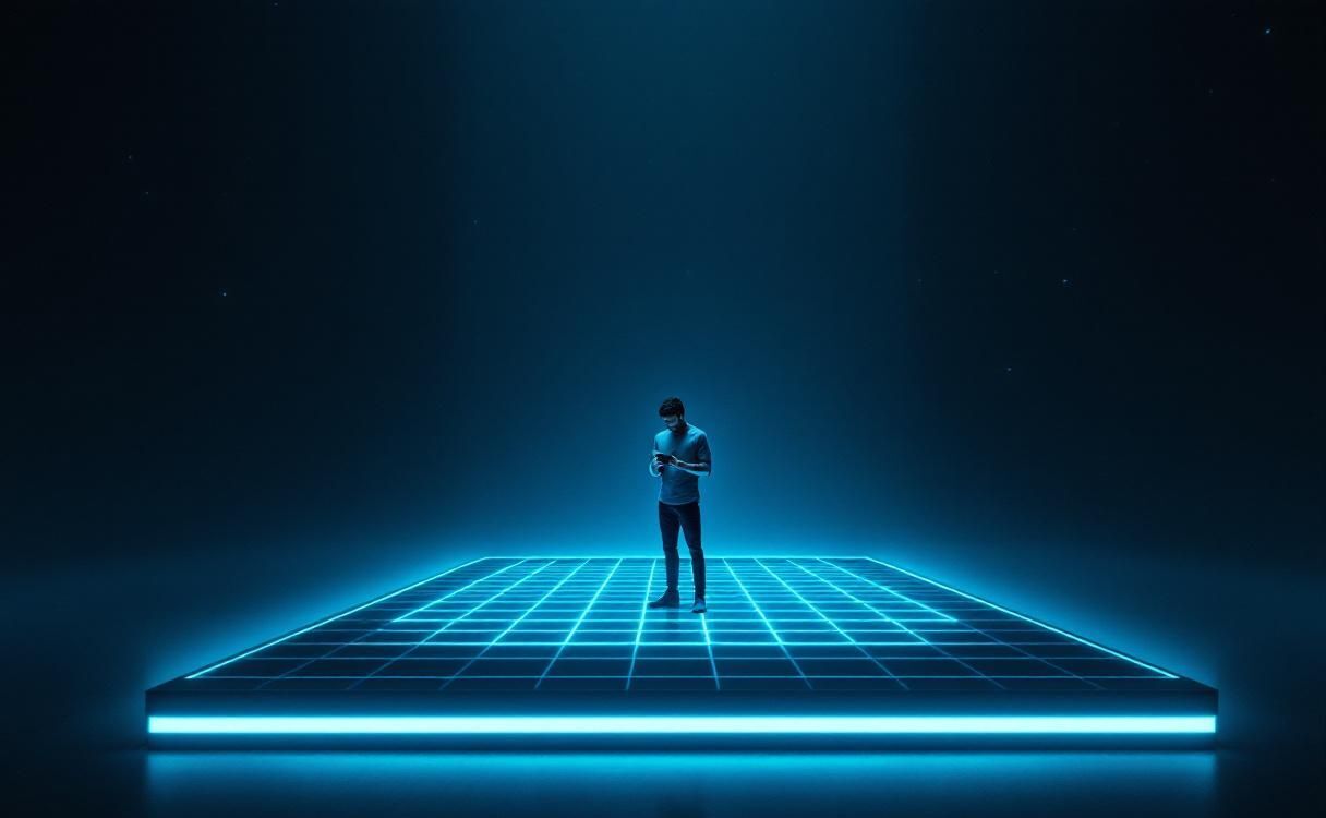 Man on a Tron-style glowing platform in void looking at his phone