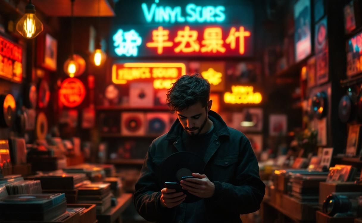 Man in a neon-lit vinyl shop checking his phone