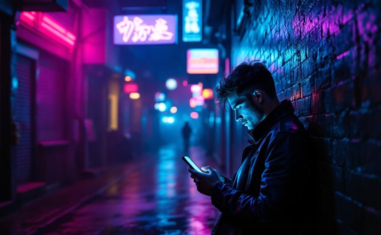 Man texting in a dark cyberpunk alley with neon signs