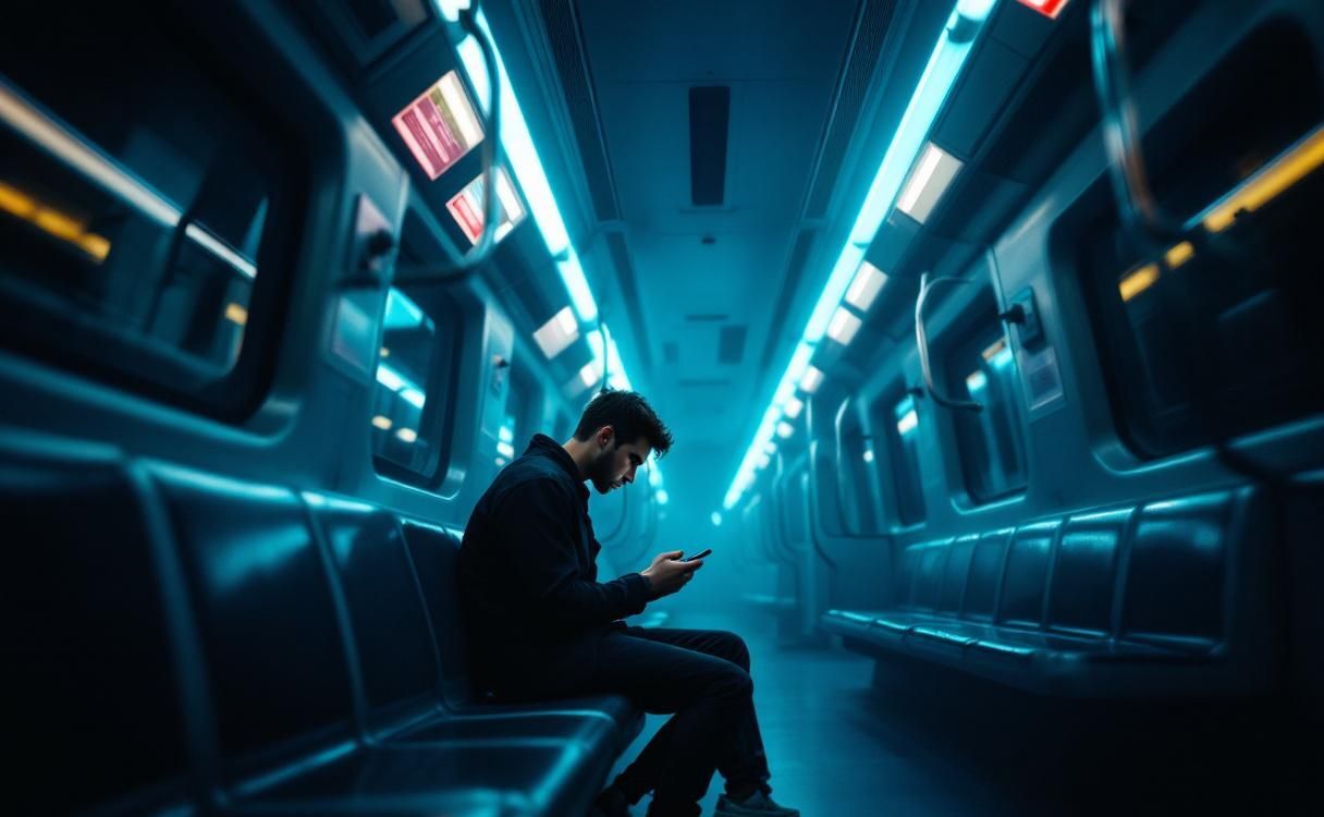 Man texting in a dark futuristic neon-lit subway car