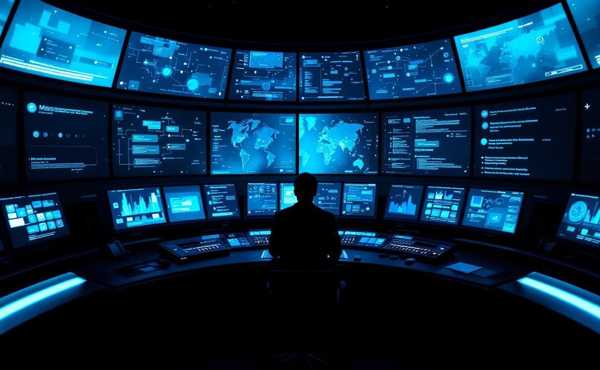 Futuristic control room with curved displays showing messaging networks