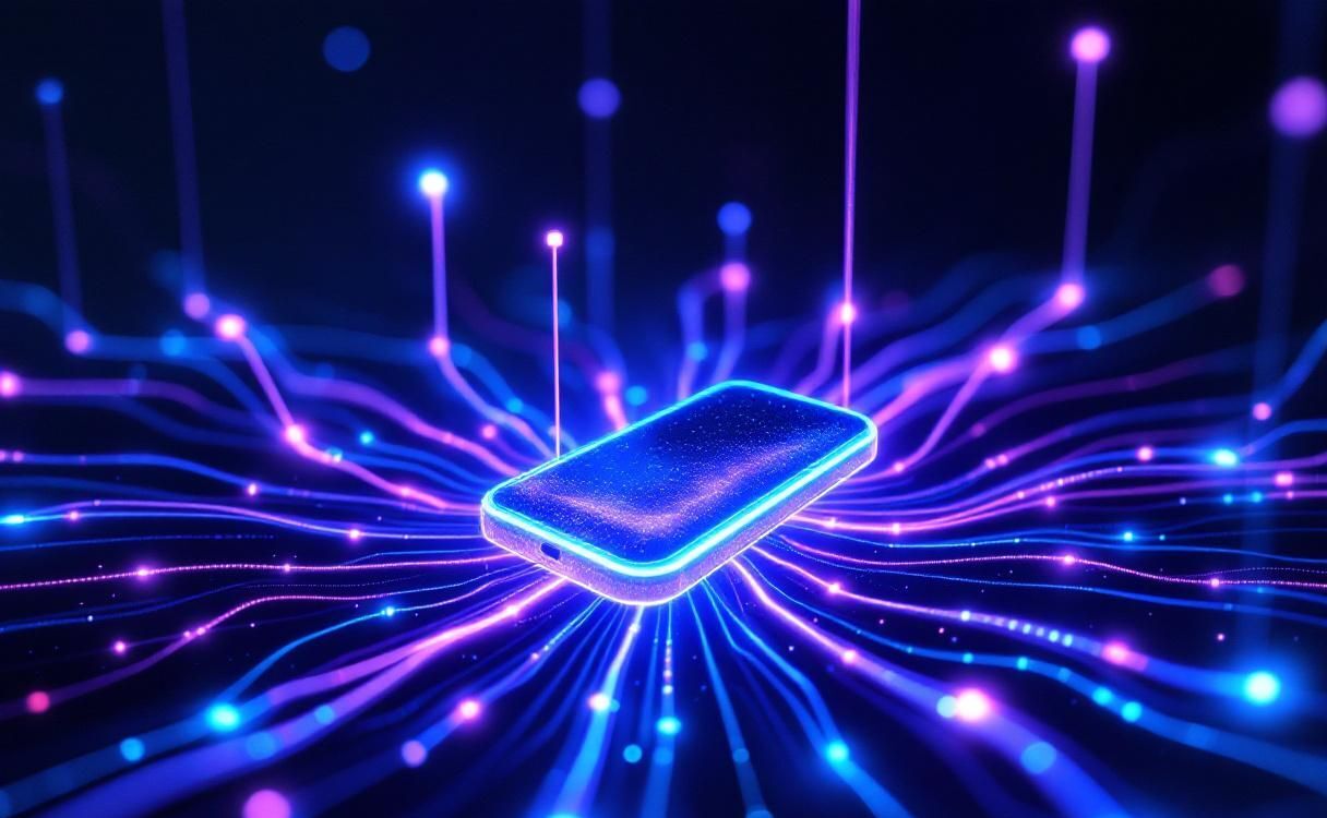 Network nexus where light streams converge into a floating phone shape