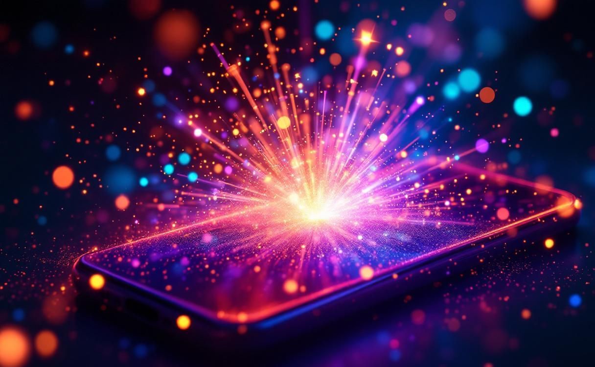 Smartphone screen exploding with neon light particles and energy