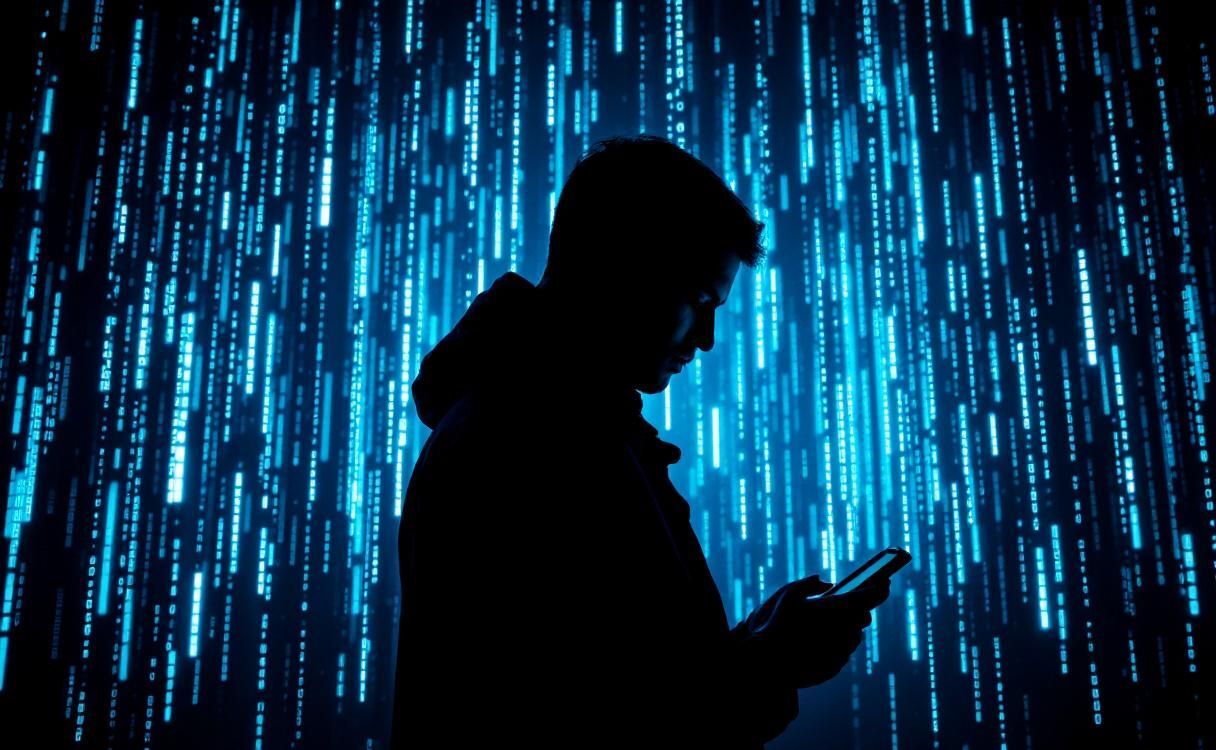 Person silhouetted against cascading data rain while holding a phone