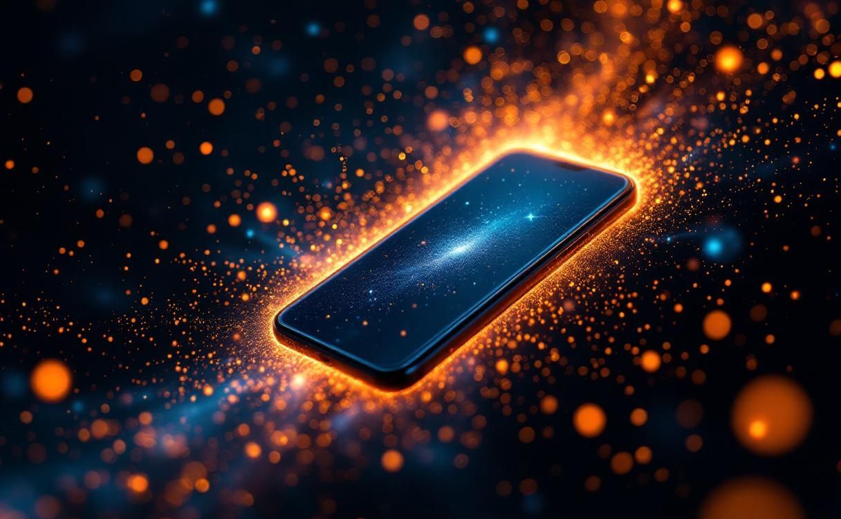 Smartphone floating in dark space surrounded by constellation light particles