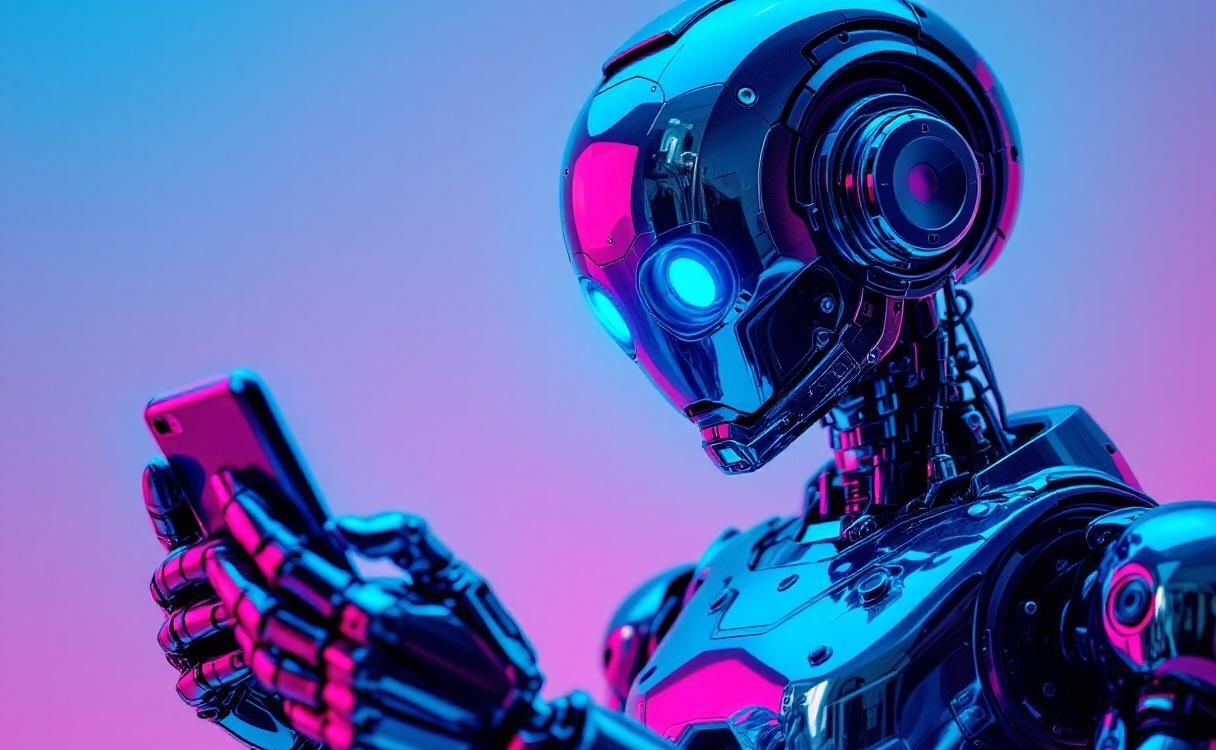 Retro chrome robot holding a modern smartphone with neon backdrop