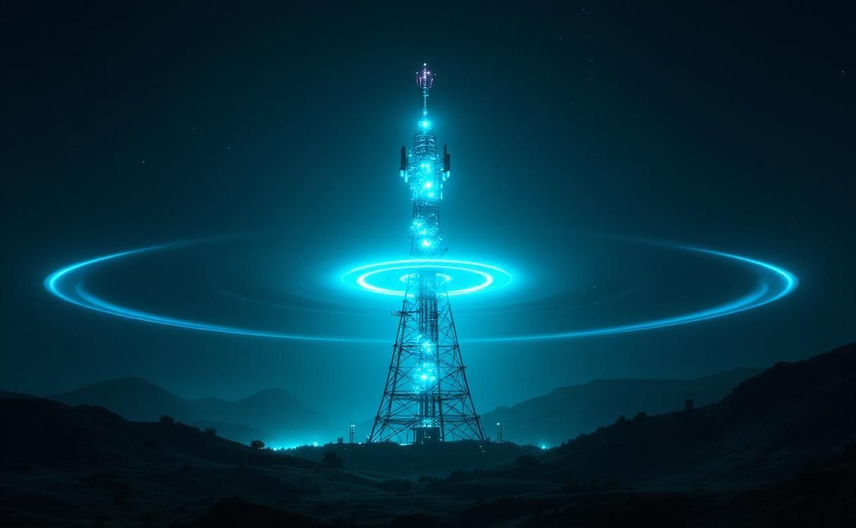 Massive glowing cell tower pulsing rings of cyan energy into the sky