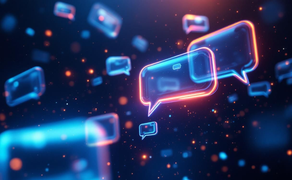 Translucent message bubbles floating through dark space with neon glow
