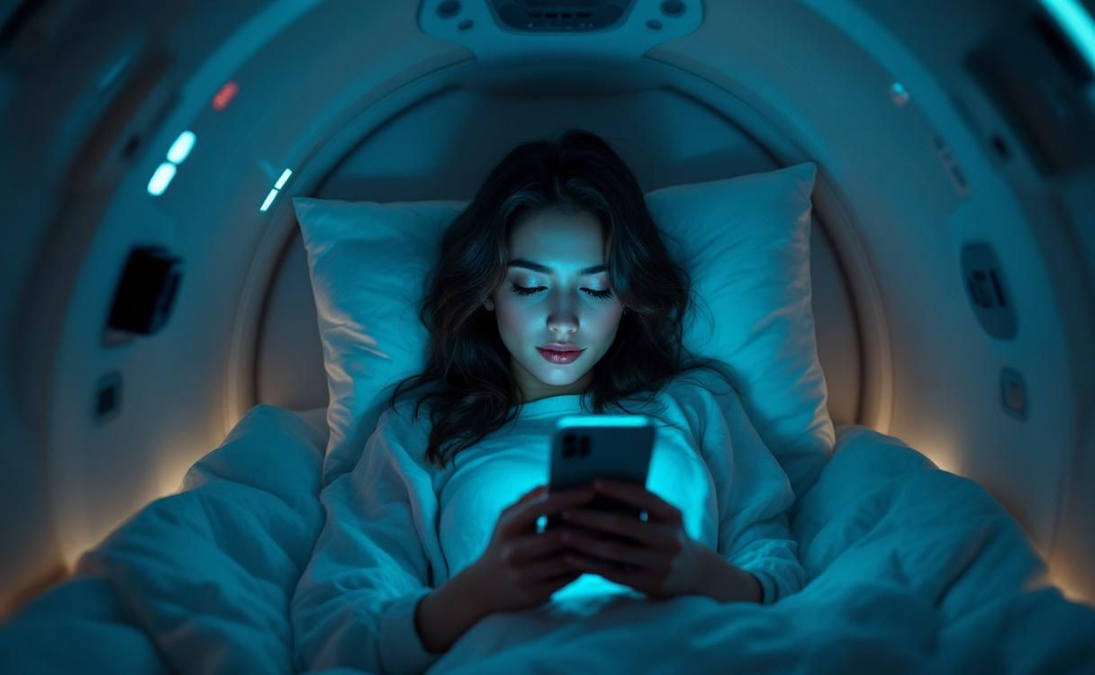 Woman in a futuristic capsule hotel pod scrolling her phone