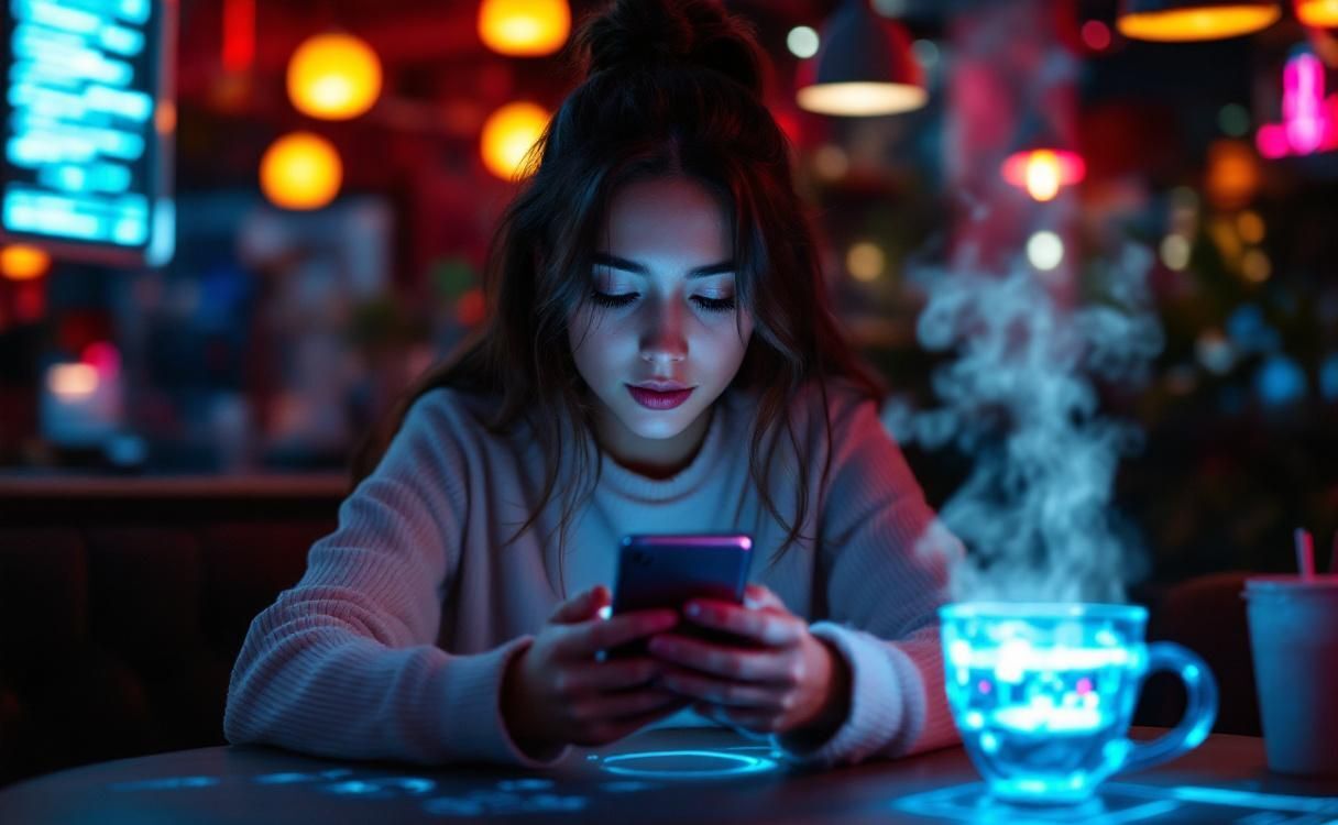 Woman in a dark cyber cafe focused on her phone