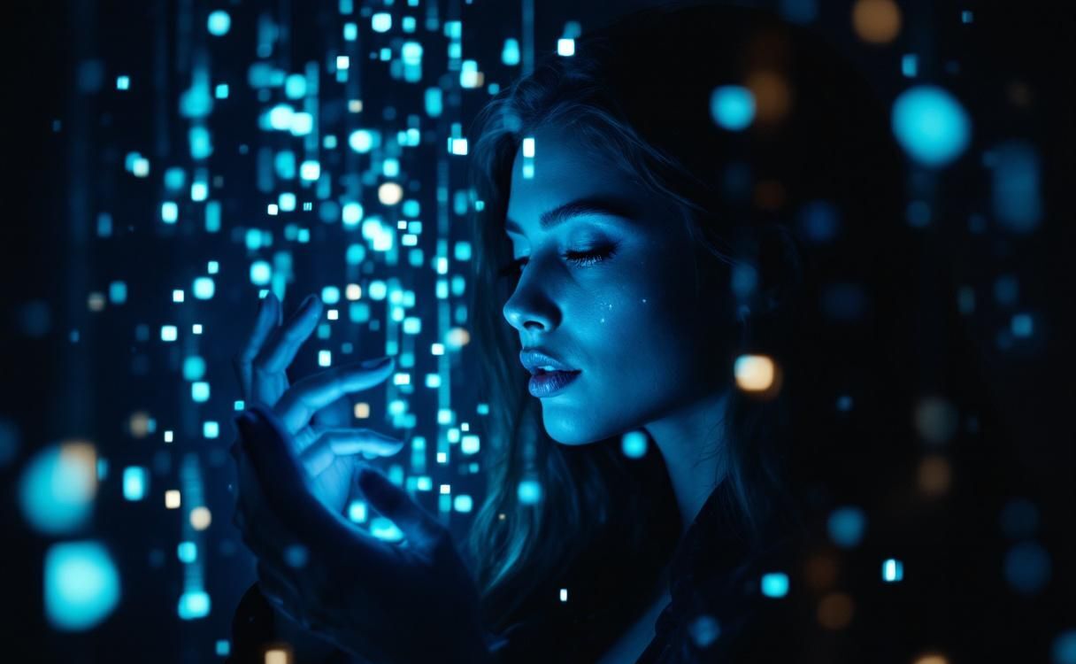 Woman holding phone with digital data particles streaming around her