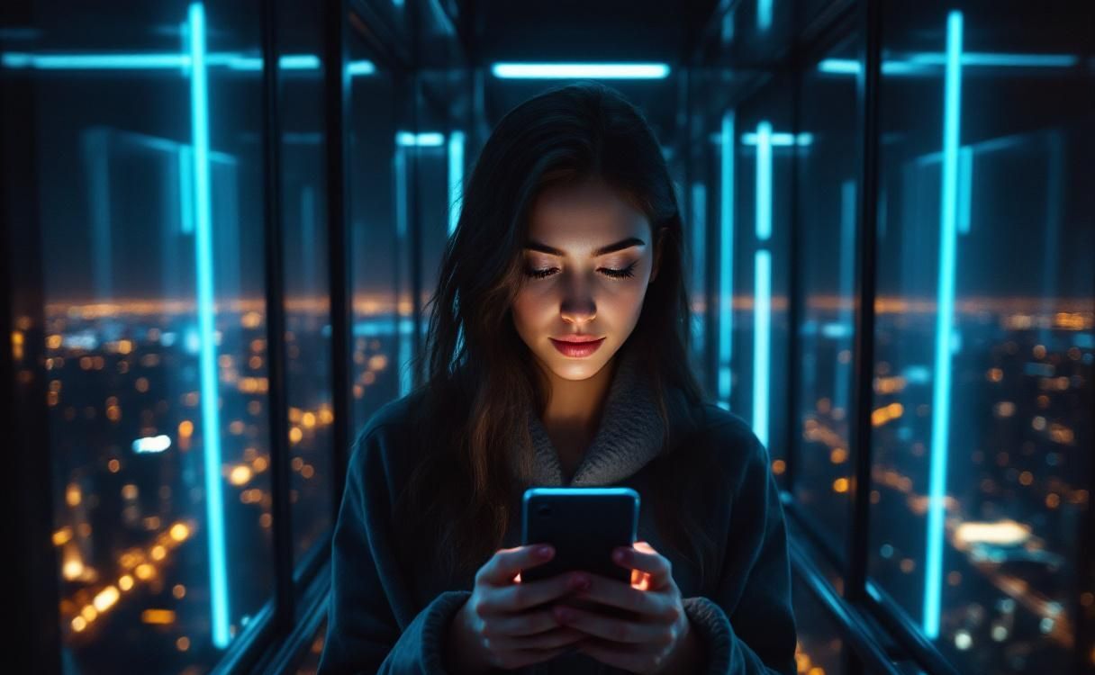 Woman in a futuristic glass elevator checking her phone with neon glow