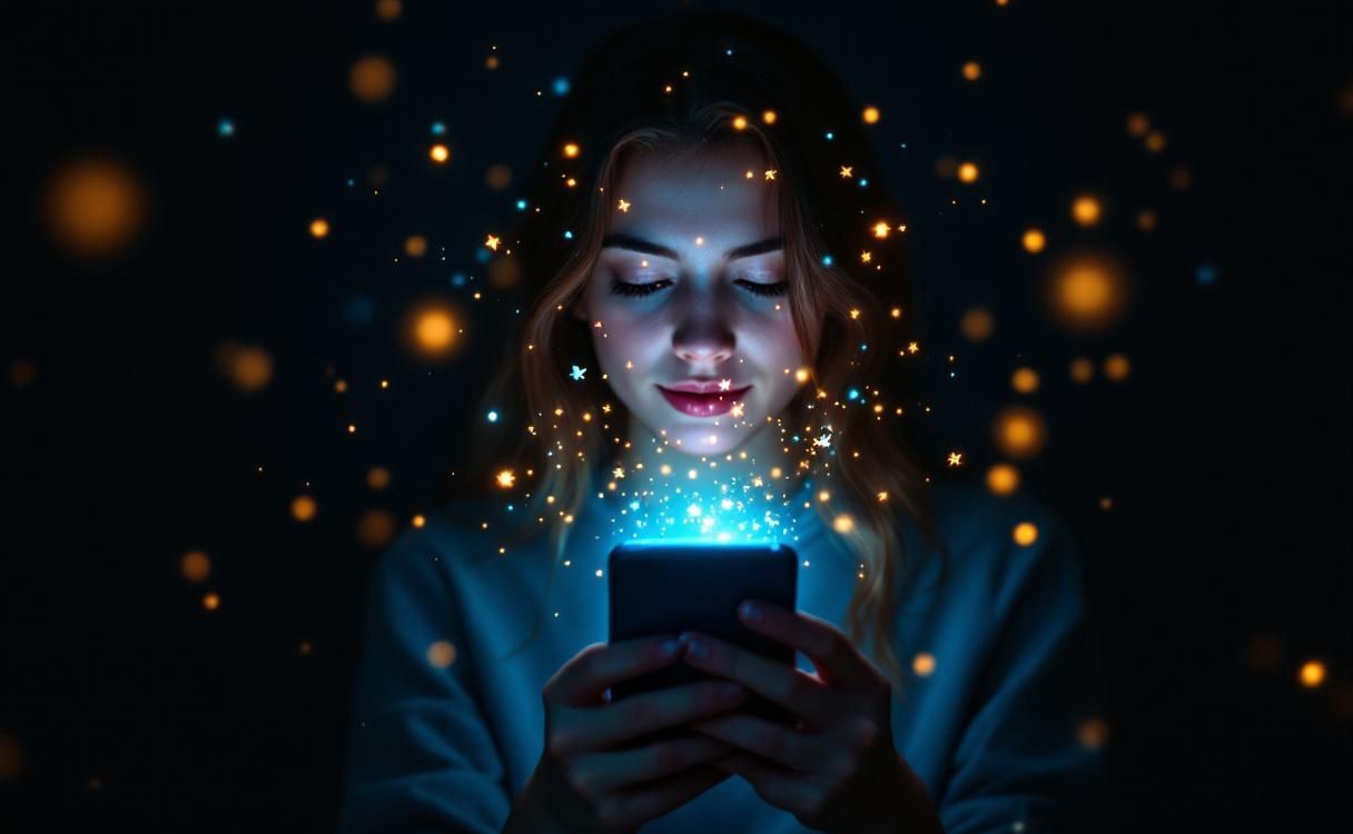 Woman holding phone with holographic particles floating upward